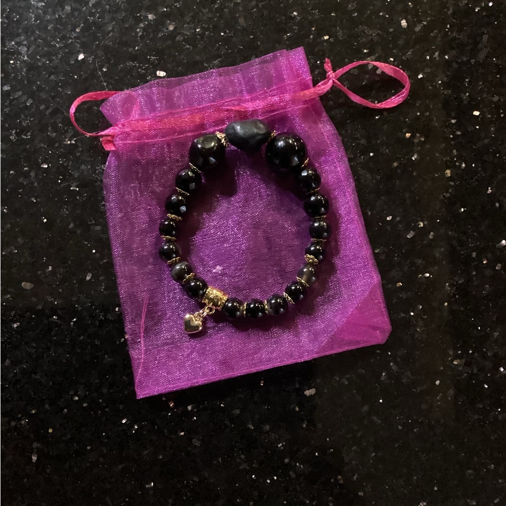 Black Beaded Bracelet with Charm